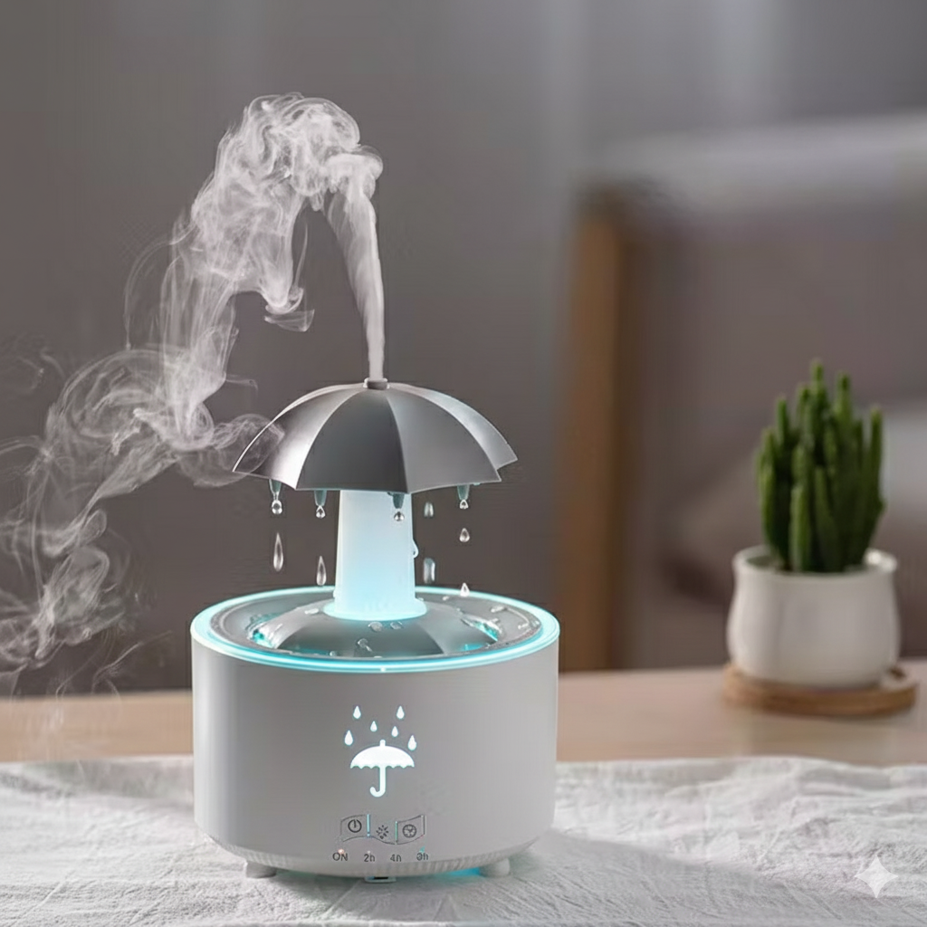 🌧️ Umbrelek – Parasolowy Nawilżacz Powietrza LED z Pilotem-Kolor biały